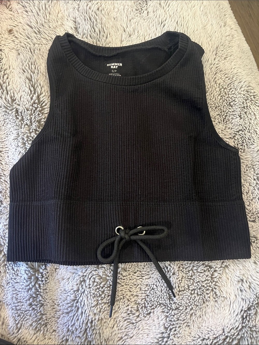 Sommer Ray Black Ribbed Drawstring Crop Tank